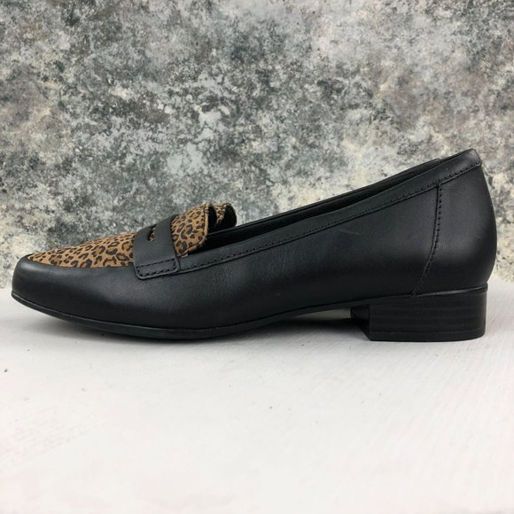Clarks Collection Women's Size 8M Juliet Coast Black Leopard Brown Penny Loafers - Picture 5 of 13